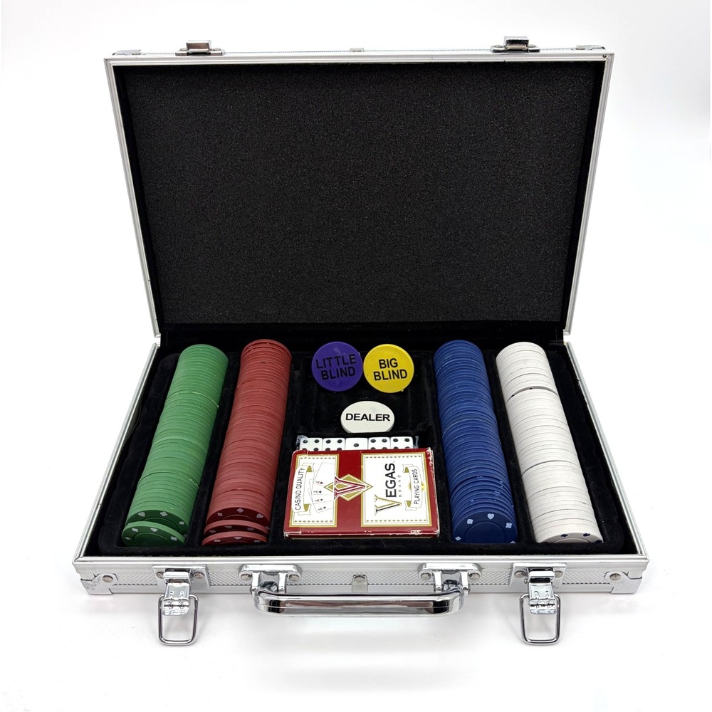 Poker Chip Set with Dice Cards Silver Carrying Case
